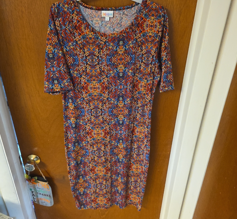 LuLaRoe "Julia"  Multicolor Geometric Midi Dress - Blue, Red, Orange